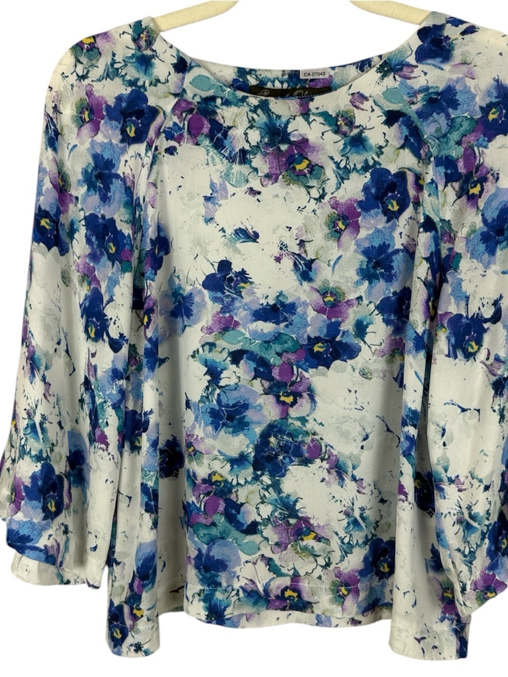 Rose & Olive Floral Chiffon Bell Sleeve Blouse Purple Blue White Size Medium
